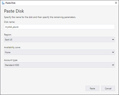 Azure Storage Explorer의 디스크 붙여넣기 양식 스크린샷