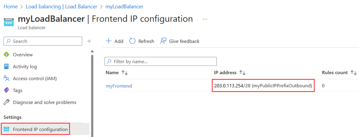 부하 분산 장치 프런트 엔드 IP 구성 페이지에 새로운 공용 IP 접두사가 표시된 스크린샷