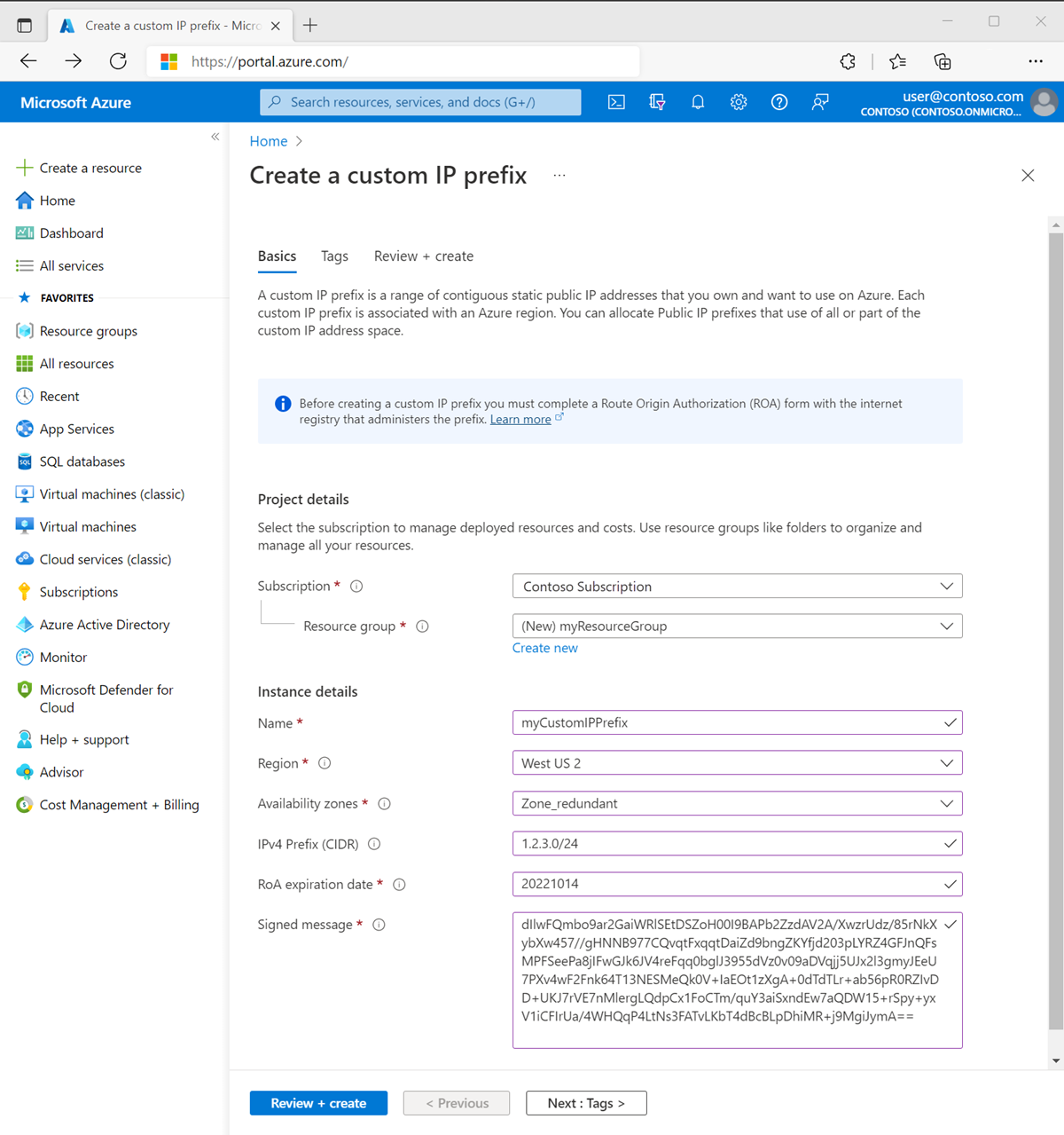 Azure Portal에서 사용자 지정 IP 접두사 만들기 페이지의 스크린샷