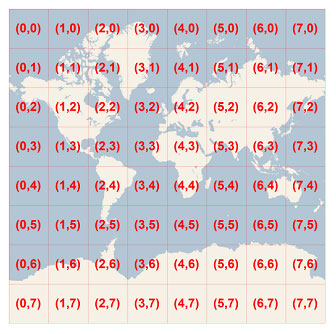 A two-dimensional map of Earth that is broken into 64 squares.