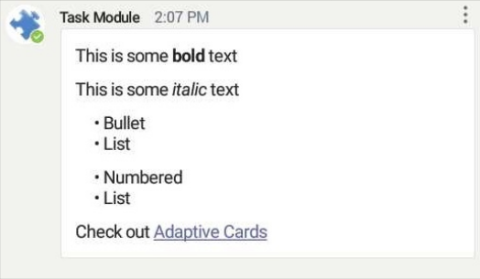 Screenshot shows an example of Adaptive Card Markdown formatting in Teams Android platform.