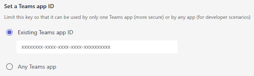Screenshot shows the Any Teams app and Existing Teams app options under Set a Teams app heading in Developer Portal for Teams.