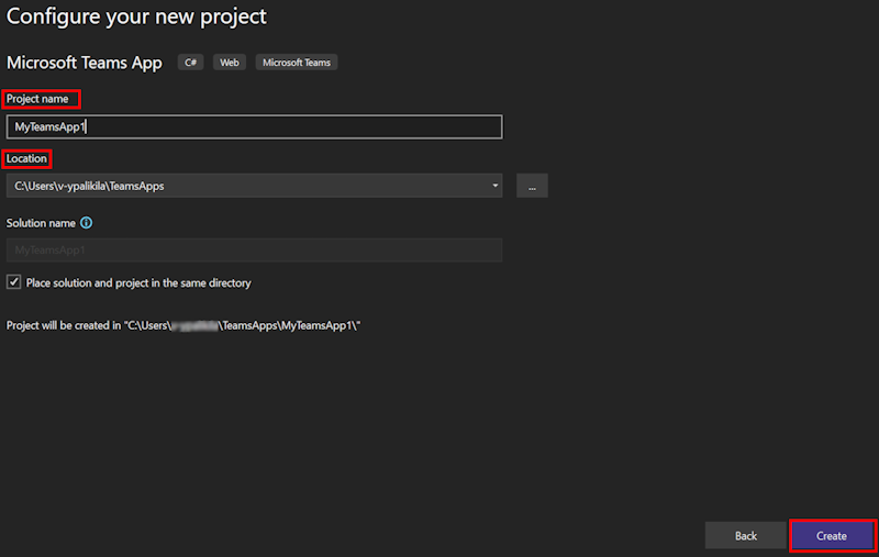 Screenshot shows the project name, Location, and Create option in Visual Studio.