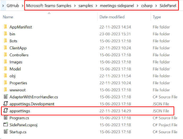 Screenshot shows the appsettings JSON file with appsettings information.