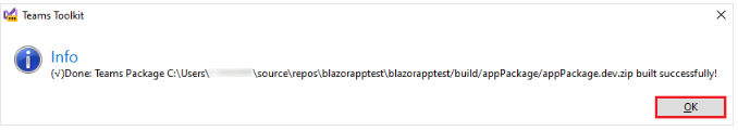 Screenshot of Teams Toolkit with OK option highlighted in red.