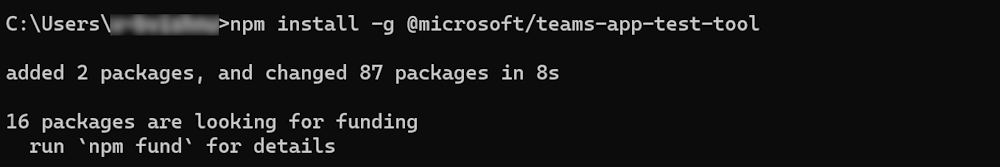 Screenshot shows install teams app test tool cli.