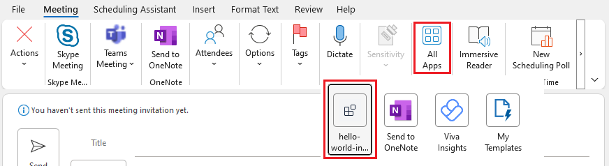 Uploaded meeting app showing in `All Apps` menu of Outlook meeting scheduler