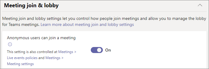Teams 관리 센터의 익명 참가 모임 정책 설정 스크린샷