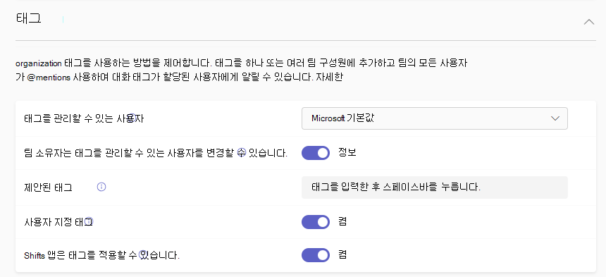Microsoft Teams 관리 센터의 태그 지정 설정 스크린샷
