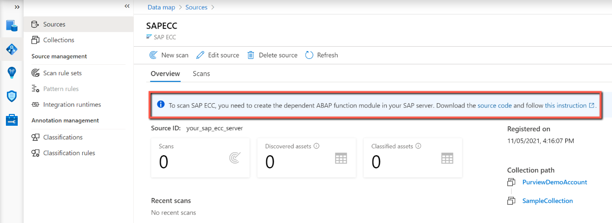 Microsoft Purview 거버넌스 포털의 ABAP 함수 모듈 소스 코드에 대한 다운로드 링크를 보여 주는 스크린샷