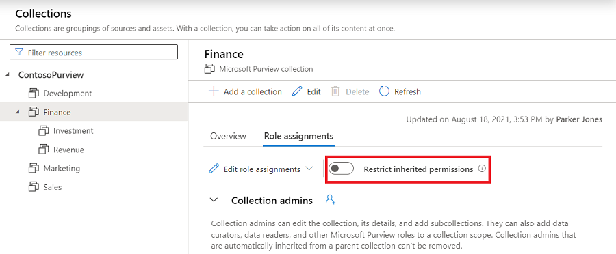 역할 할당 탭이 선택되고 상속된 권한 제한 슬라이드 단추가 강조 표시된 Microsoft Purview 거버넌스 포털 컬렉션 창의 스크린샷