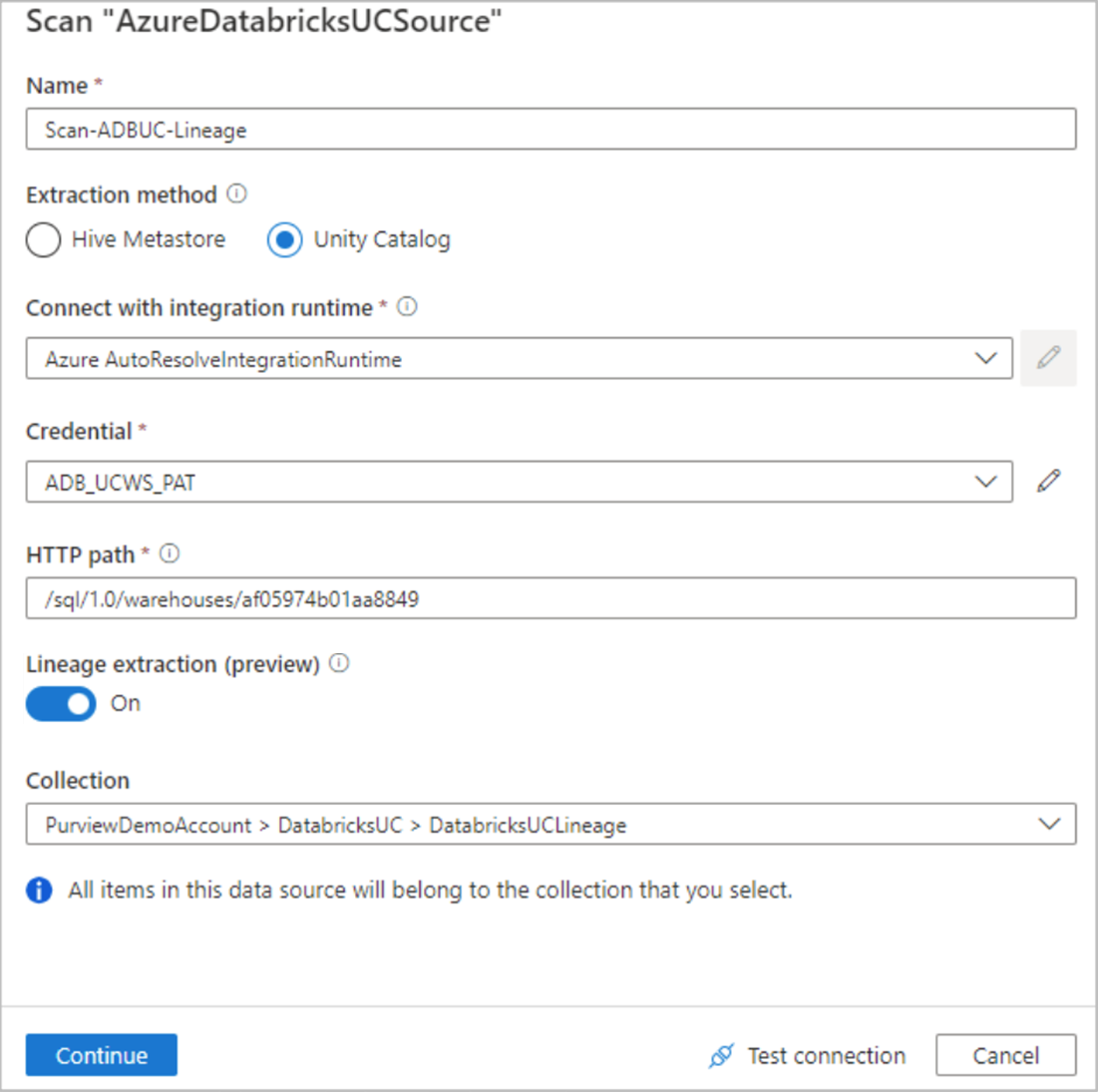 Azure Databricks Unity 카탈로그 검사를 설정하는 스크린샷