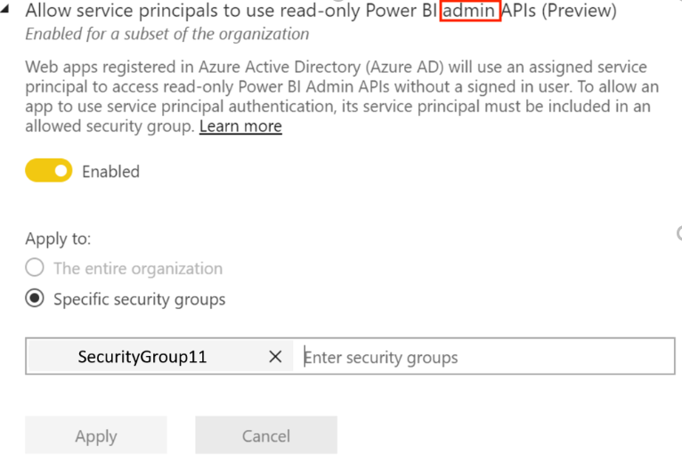 서비스 주체가 읽기 전용 Power BI 관리자 API 권한을 가져올 수 있도록 허용하는 방법을 보여 주는 이미지.