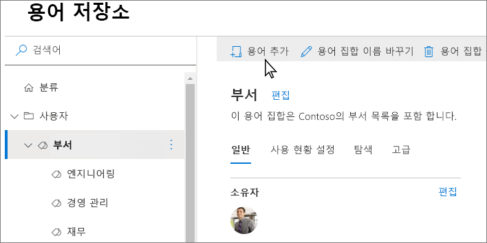 용어 추가가 강조 표시된 SharePoint 관리 센터의 용어 저장소 페이지 스크린샷