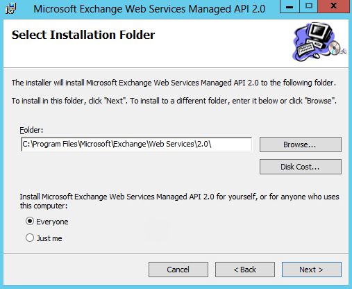 MS Exchange Managed API 설치 창의 스크린샷.