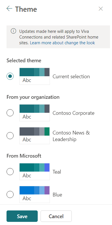 만든 organization 테마 및 Microsoft 기본 테마의 예제를 보여 주는 스크린샷