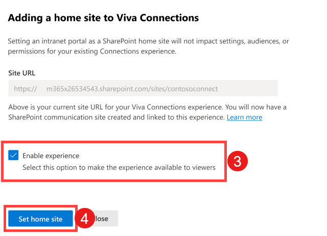 Viva Connections 환경을 사용하도록 설정하고 홈 사이트로 설정하는 단계를 강조 표시하는 스크린샷