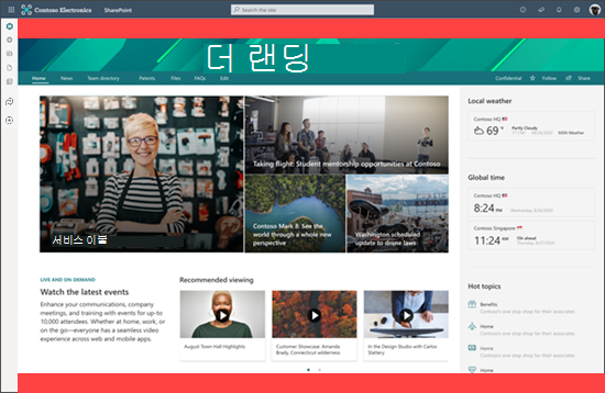 사용자 지정이 있는 SharePoint 홈 사이트의 스크린샷