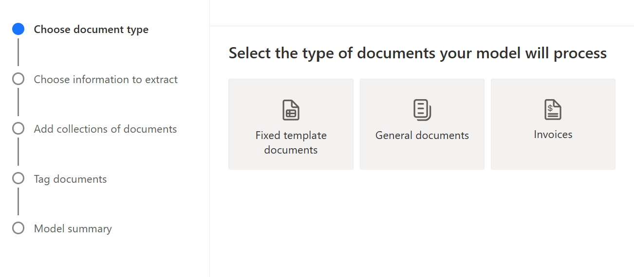 '모델에서 처리할 문서 유형 선택' 아래의 타일 스크린샷.