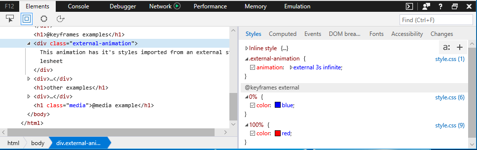 CSS at-rules inspection from the  DevTools Style pane