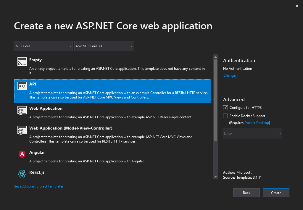 Web API 프로젝트 템플릿이 선택된 새 ASP.NET 웹 애플리케이션 대화 상자