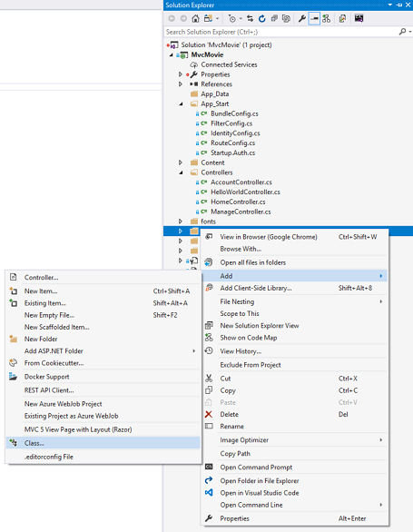 솔루션 탐색기 창을 보여 주는 스크린샷 Models 폴더를 마우스 오른쪽 단추로 클릭하고 추가 하위 메뉴가 열려 있습니다. 클래스가 선택되어 있습니다.