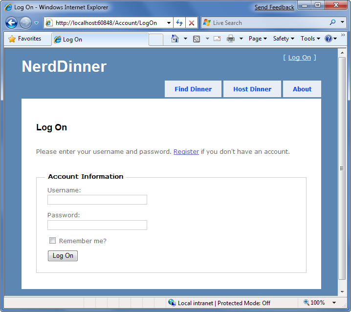 Nerd Dinner 로그온 페이지의 스크린샷.