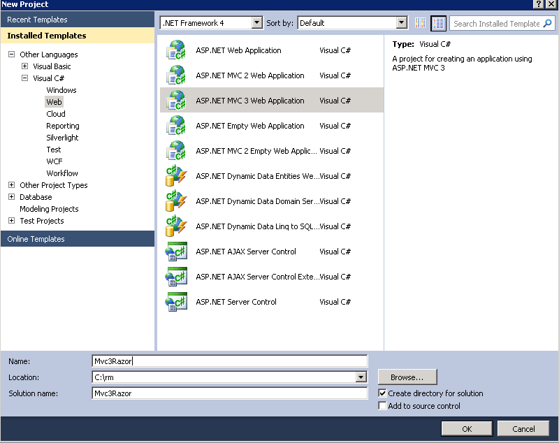 새 MVC 3 프로젝트