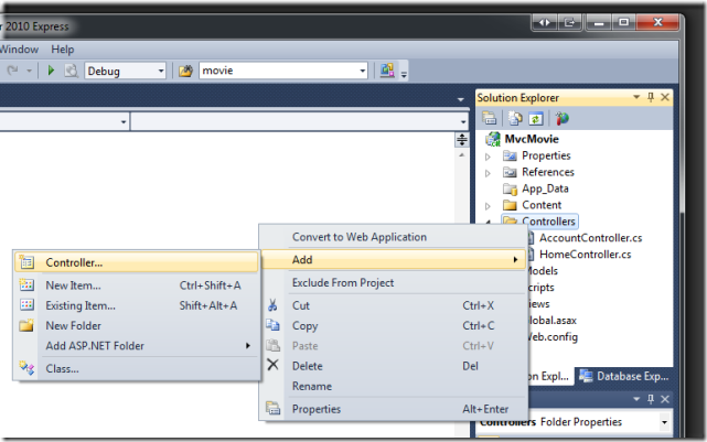 솔루션 탐색기 창을 보여 주는 스크린샷 컨트롤러 오른쪽 클릭 메뉴에서 추가가 선택됩니다. 컨트롤러가 하위 메뉴에서 선택됩니다.