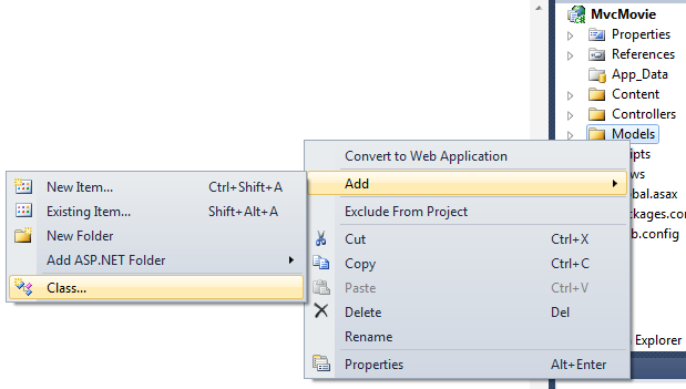 솔루션 탐색기 창을 보여 주는 스크린샷 모델 오른쪽 클릭 메뉴에서 추가가 선택되고 하위 메뉴에서 클래스가 선택됩니다.