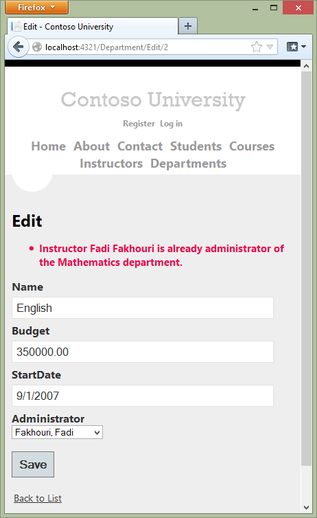 중복된 관리자 오류 메시지가 있는 Contoso University Department Edit 페이지를 보여 주는 스크린샷