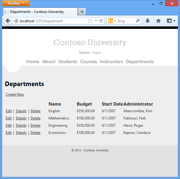 스크린샷은 편집하기 전에 Contoso University Departments 페이지를 보여줍니다.