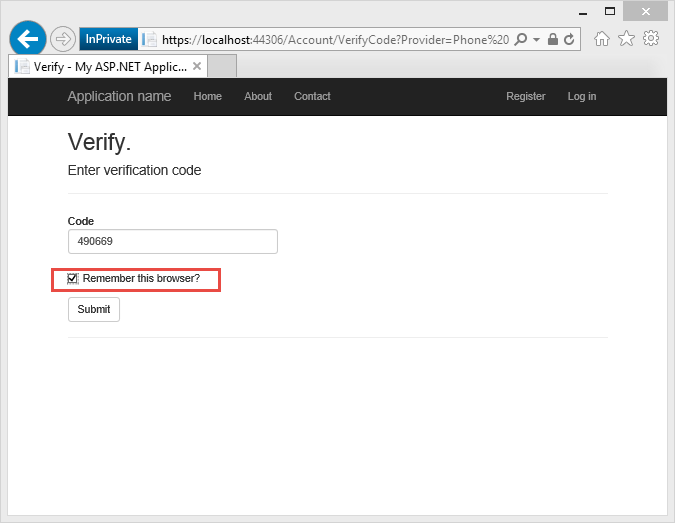 2FA에 대한 ASP.NET 앱 확인 페이지를 보여주는 스크린샷. 샘플 코드 아래에 있는 '이 브라우저를 기억' 확인란이 강조 표시되어 있습니다.