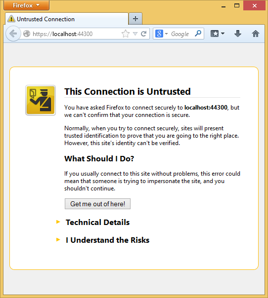 Firefox에서 실행되는 내 ASP 점 NET 앱을 보여 주는 스크린샷. 신뢰할 수 없는 연결 경고 페이지에서 사용자에게 애플리케이션을 수락하고 계속할지 여부를 묻는 메시지가 표시됩니다.