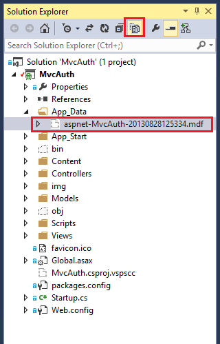 솔루션 탐색기 페이지를 보여 주는 스크린샷 모든 파일 표시 아이콘 및 M v c 인증 멤버 자격 데이터베이스가 강조 표시됩니다.
