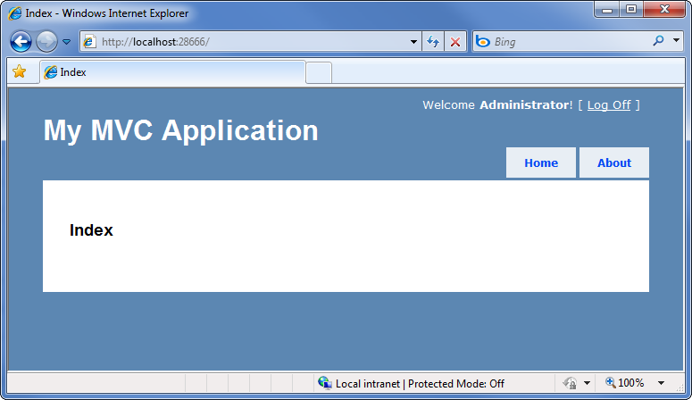 내 M V C 애플리케이션 인덱스 페이지를 보여 주는 스크린샷