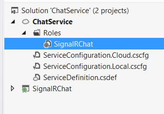 Chat Service 프로젝트의 역할 폴더에 포함된 신호 R 채팅 옵션을 보여 주는 솔루션 탐색기 트리의 스크린샷