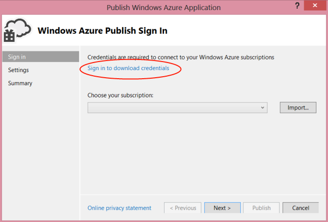 Windows Azure 애플리케이션 게시 대화 상자를 보여 주는 스크린샷 로그인하여 자격 증명을 다운로드하는 것은 빨간색으로 동그라미로 표시됩니다.