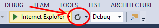 새로 고침 단추가 빨간색으로 표시된 Visual Studio의 스크린샷 새로 고침 단추는 원형 화살표입니다.