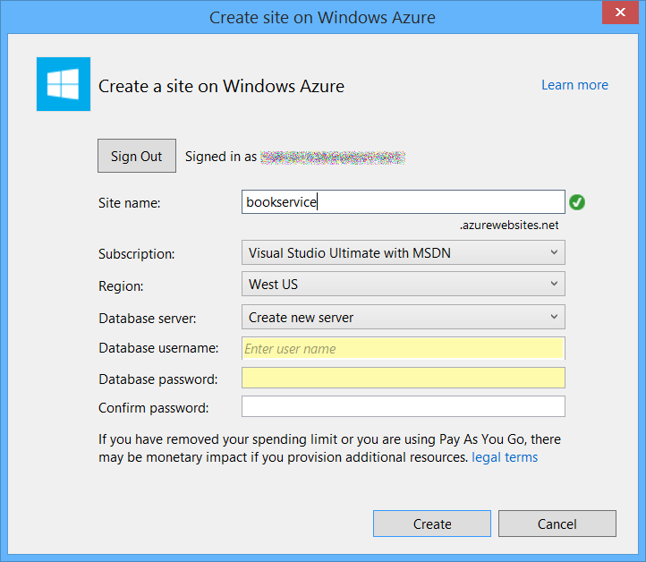 데이터베이스 사용자 이름 및 데이터베이스 암호 필드가 노란색으로 강조 표시된 Windows Azure에서 사이트 만들기 대화 상자의 스크린샷