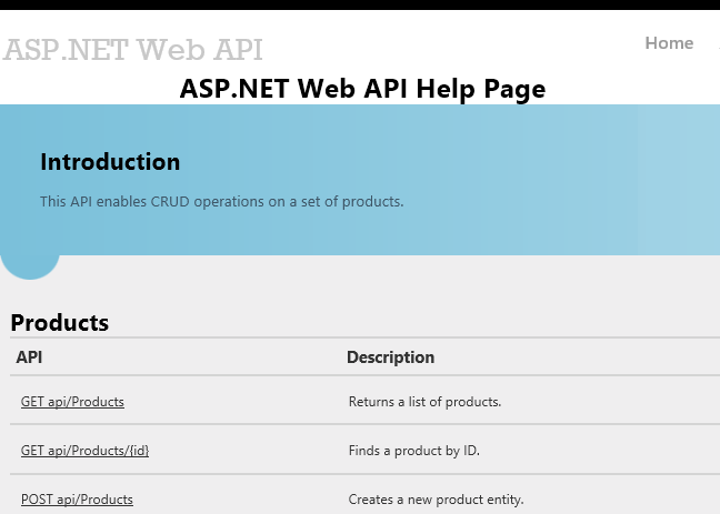 선택할 수 있는 API 제품과 해당 설명을 보여 주는 ASP dot NET A P I 도움말 페이지의 스크린샷.