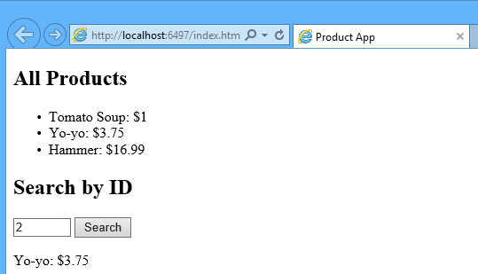제품 목록, 가격 및 ID 필드 및 단추별 검색이 포함된 샘플 프로젝트를 보여 주는 로컬 호스트 브라우저 창의 스크린샷.
