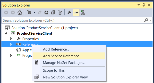 새 서비스 참조를 추가하기 위해 '참조' 아래의 메뉴를 보여 주는 솔루션 탐색기 창의 스크린샷