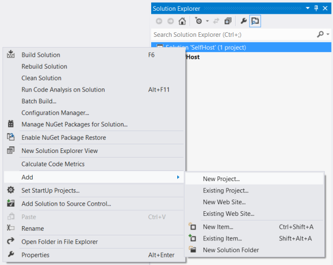 오른쪽 클릭 메뉴 항목인 추가 및 새 프로젝트가 흰색으로 강조 표시된 솔루션 탐색기 스크린샷