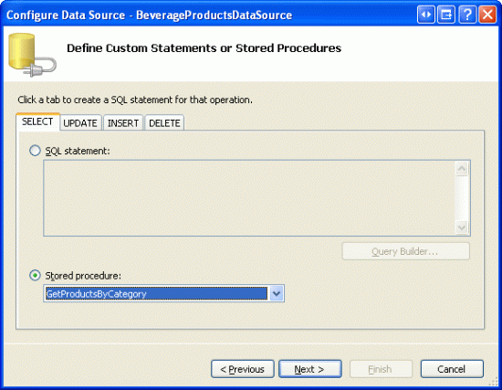 Drop-Down 목록에서 GetProductsByCategory 저장 프로시저를 선택합니다.