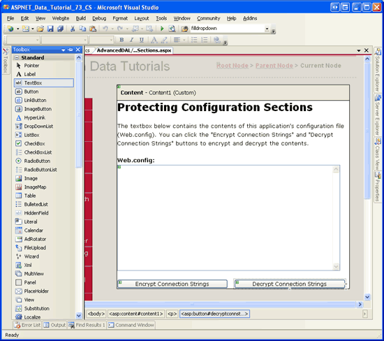 새 TextBox와 두 개의 단추 컨트롤이 있는 EncryptingConfigSections.aspx 페이지에 열려 있는 Visual Studio를 보여 주는 스크린샷