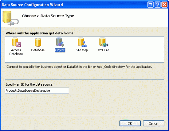 새 ObjectDataSource 명명된 ProductsDataSourceDeclarative 만들기