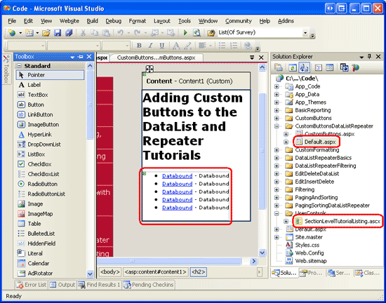 SectionLevelTutorialListing.ascx 사용자 컨트롤을 추가하여 Default.aspx