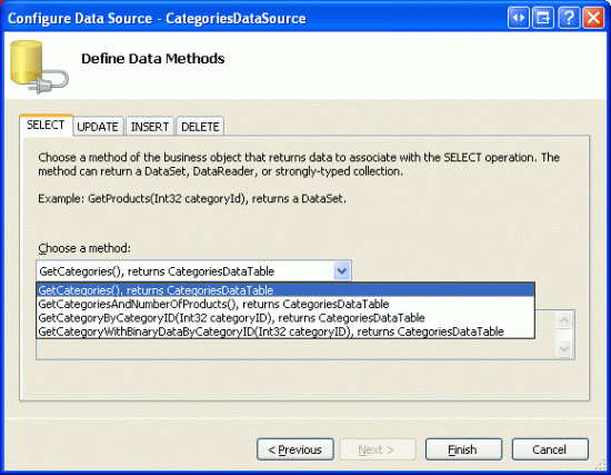 GetCategories 메서드를 사용하여 범주를 반환하도록 ObjectDataSource 구성