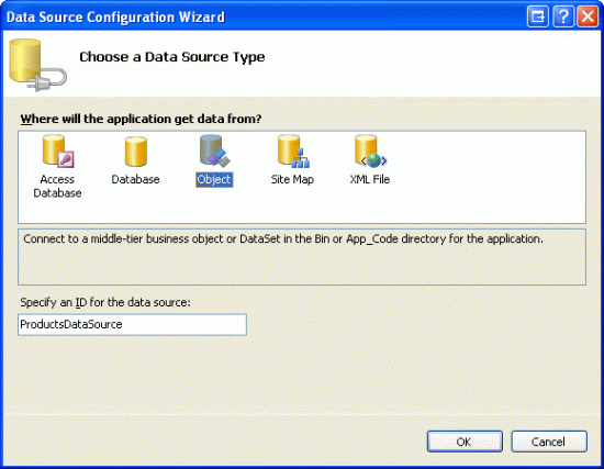 ProductsDataSource라는 새 ObjectDataSource 만들기